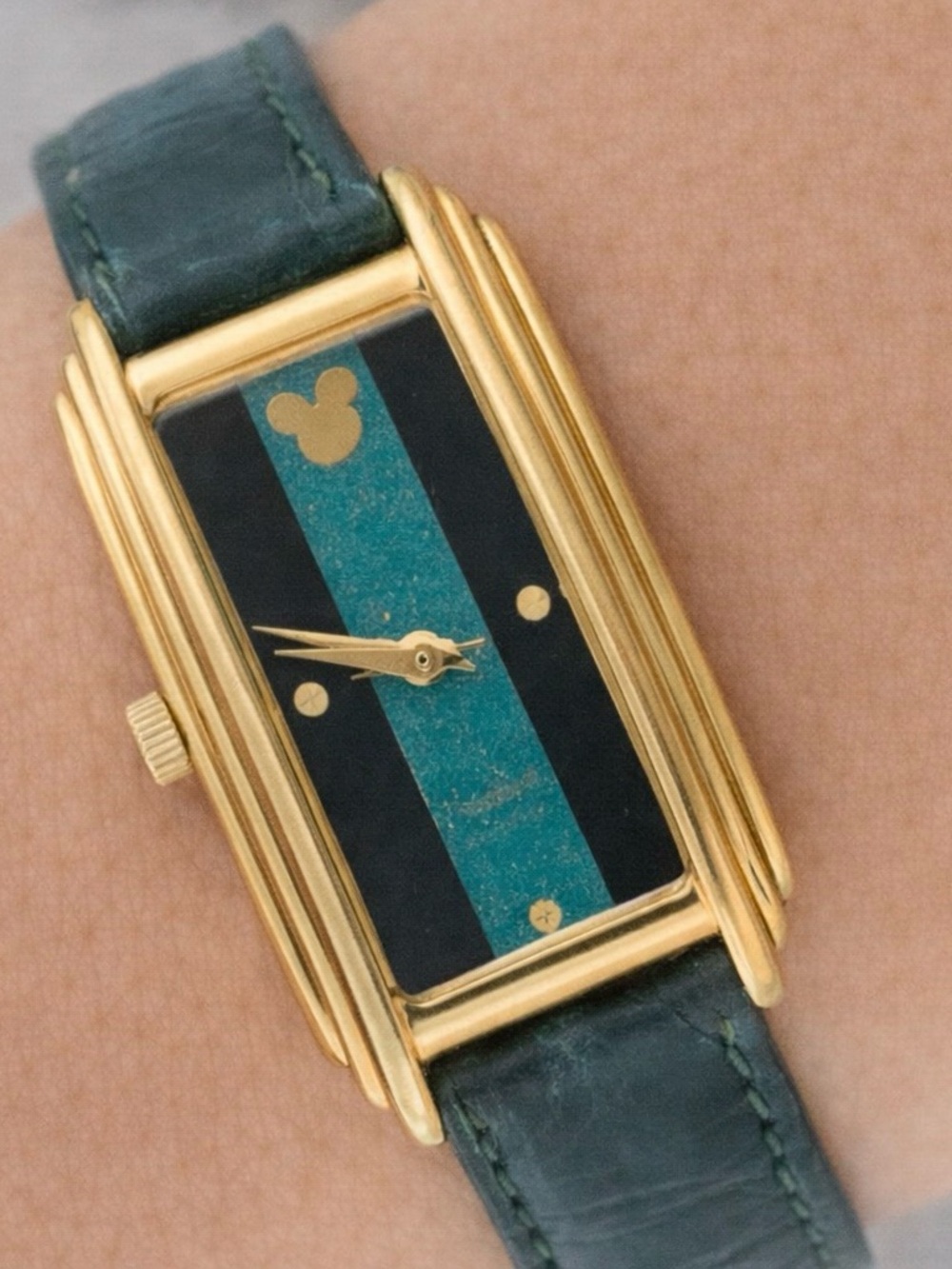 Rare Disney Vintage Gold and Green Watch with Mickey Mouse Design